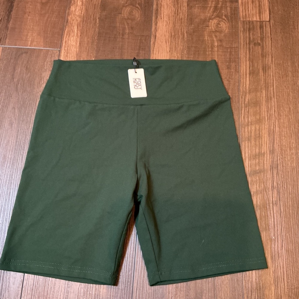 Foxy Kind High Waisted Athletic Biker Shorts Green Stretch Yoga Gym Large NEW
